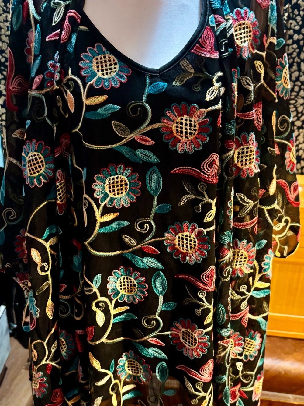 Black Floral Embroidered V-Neck Set